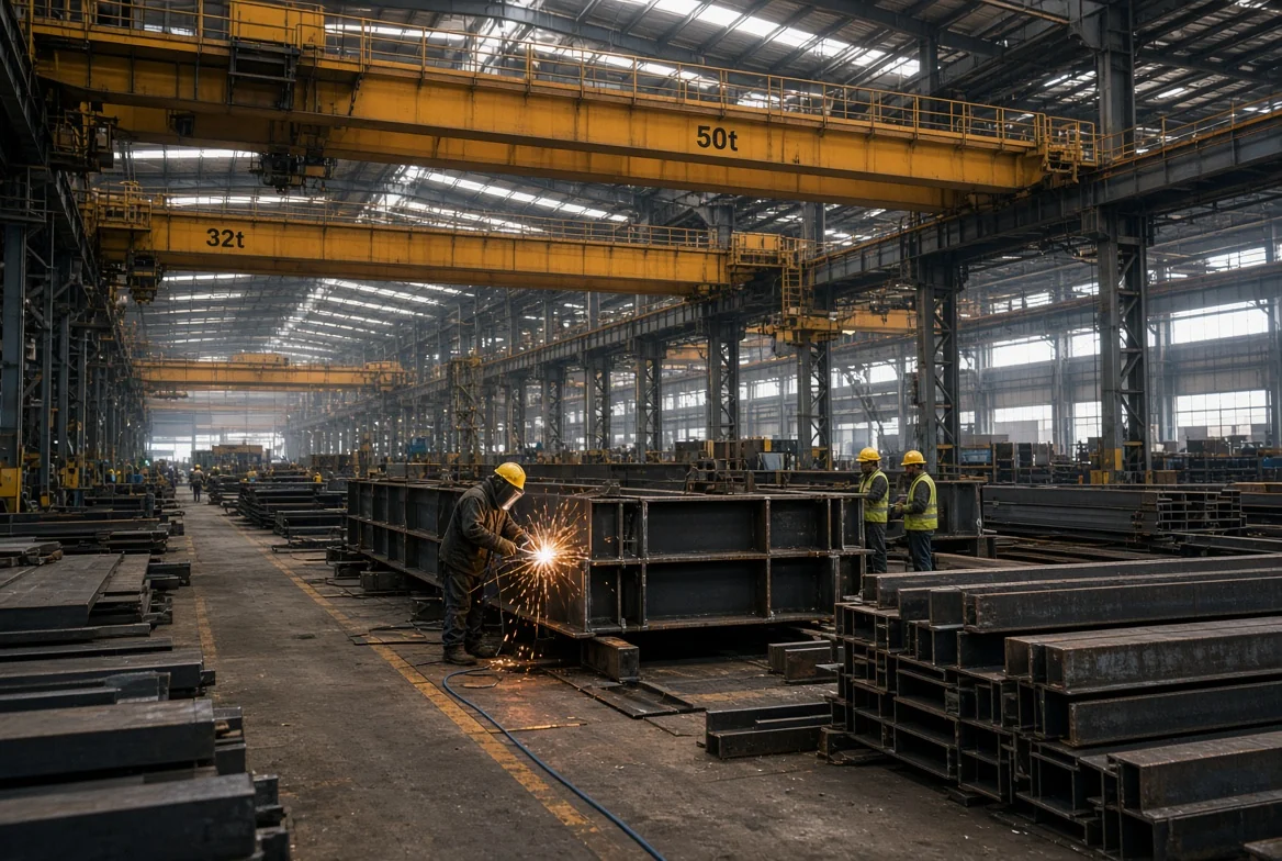 Fabrication bay with overhead cranes, steel sections and a welder at work