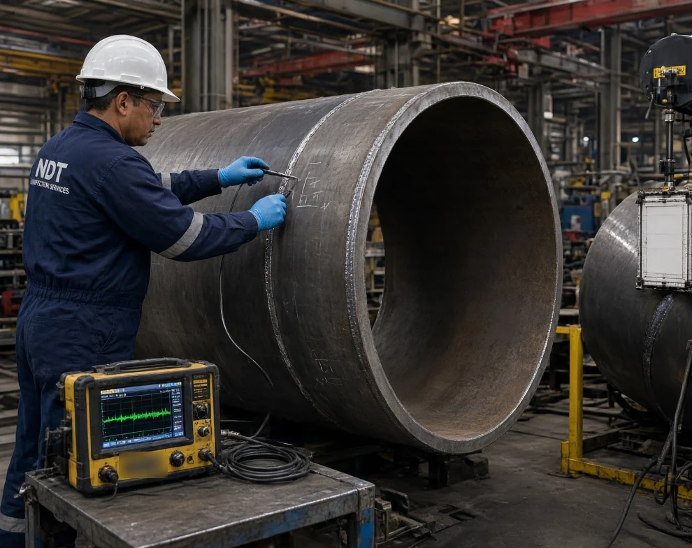 Inspector performing ultrasonic testing on a large pipe section