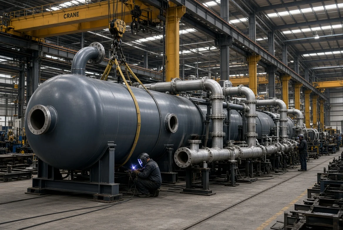 Welder working beneath a pressure vessel and pipe spools in a fabrication shop