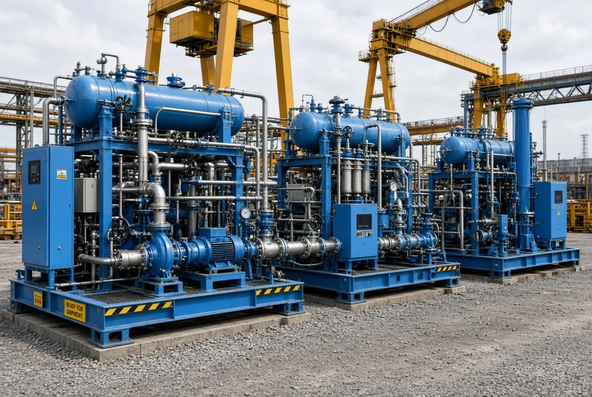Three blue process skids ready for shipment in a fabrication yard