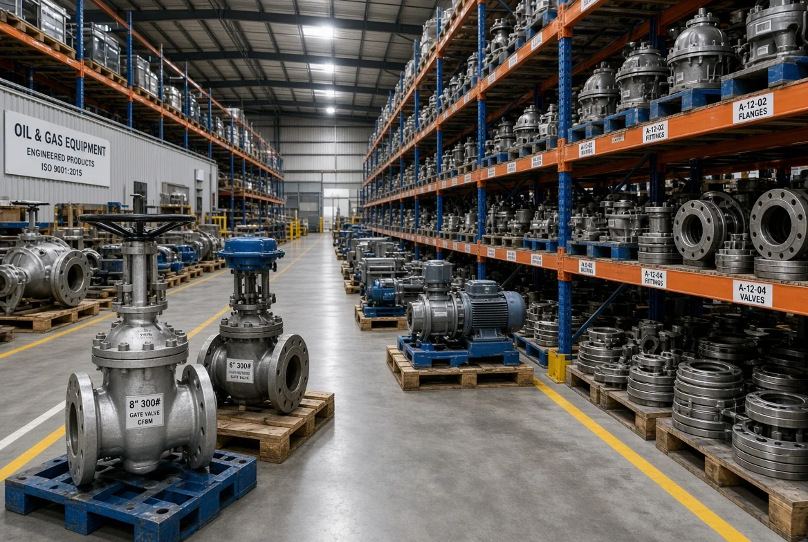 Warehouse stocked with valves, flanges, fittings and pumps